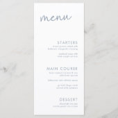 Dusty Blue & White Minimalistisch Script Brautpart Menükarte (Vorderseite)