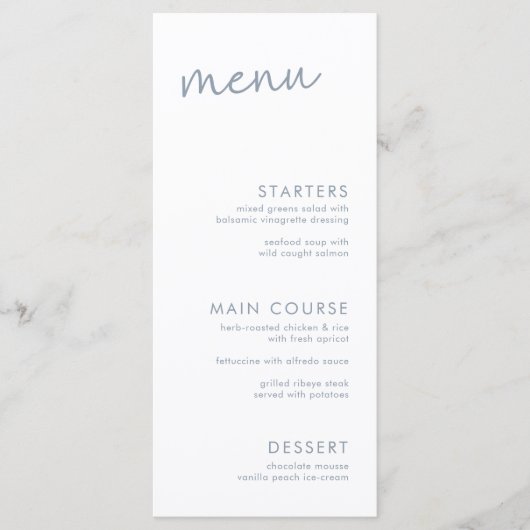 Dusty Blue & White Minimalistisch Script Brautpart Menükarte (Vorderseite)