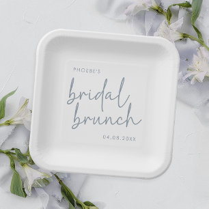 Dusty Blue & White Minimalistisch Script Bridal Br Pappteller