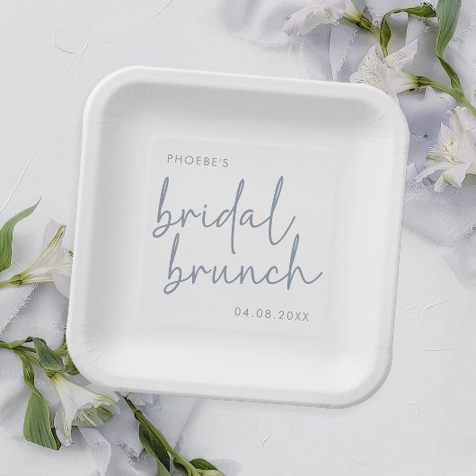 Dusty Blue & White Minimalistisch Script Bridal Br Pappteller