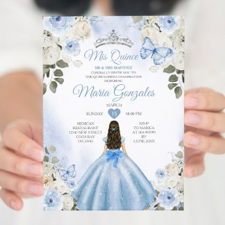 Dusty Blue & White Mis Quince 15 Anos Silver Crown Einladung