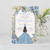 Dusty Blue & White Mis Quince 15 Anos Silver Crown Einladung (Stehend Vorderseite)