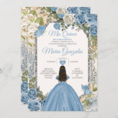 Dusty Blue & White Mis Quince 15 Anos Silver Crown Einladung (Vorne/Hinten)