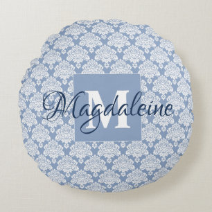 Dusty Blue & White Mit Monogramm Name Damask Rundes Kissen