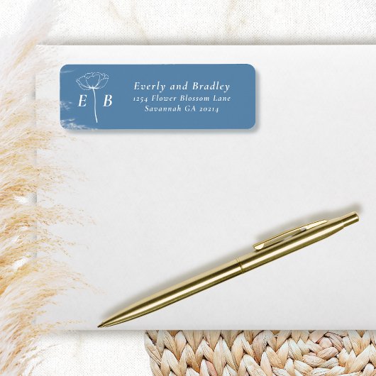 Dusty Blue White Monogram Floral Accent Address