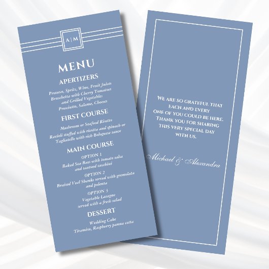 Dusty Blue White Monogram Modern Wedding Menu Menükarte