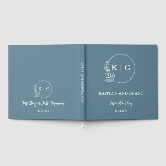 Dusty Blue & White Monogram Wedding Guestbook Gästebuch (Voll)