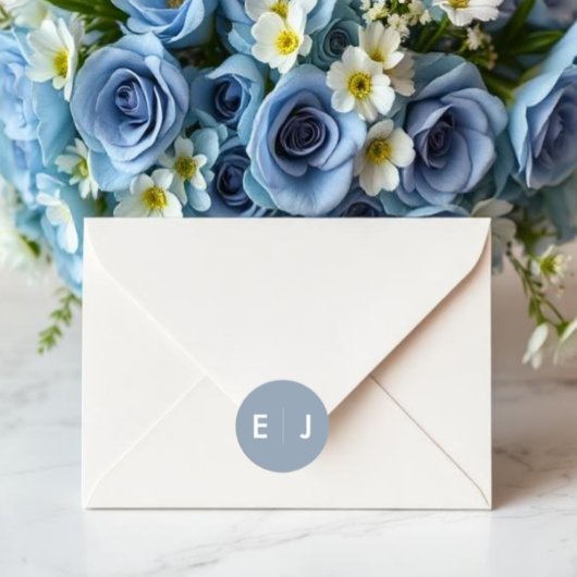 Dusty Blue & White Monogram Wedding Runder Aufkleber