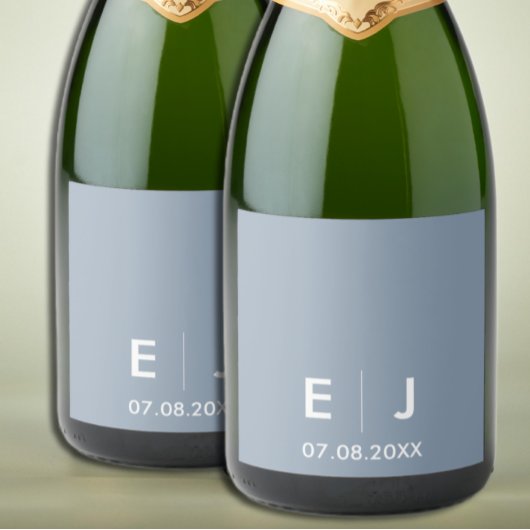 Dusty Blue & White Monogram Wedding Schaumweinetikett