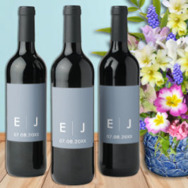 Dusty Blue & White Monogram Wedding Weinetikett