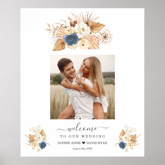 Dusty Blue White Peach Rose Begrüßungszeichen Poster (Vorne)