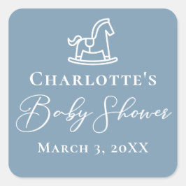 Dusty Blue White Rocking Horse Baby Dusche Quadratischer Aufkleber