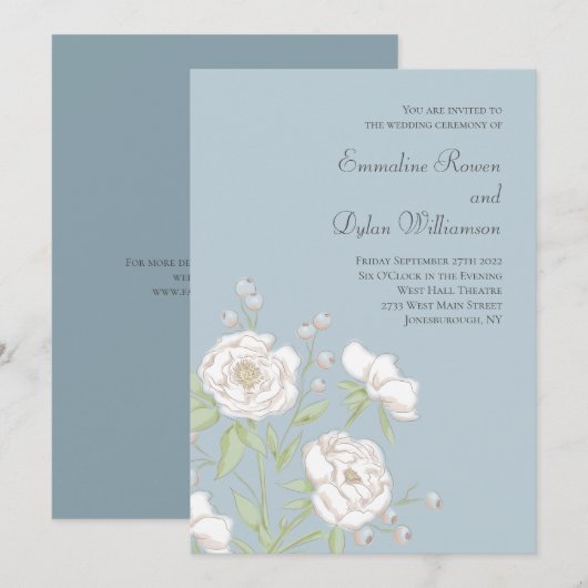 Dusty Blue White Rose Wedding Einladung (Vorne/Hinten)