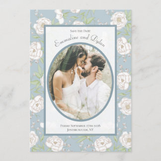 Dusty Blue White Rose Wedding Photo Save the Date Einladung