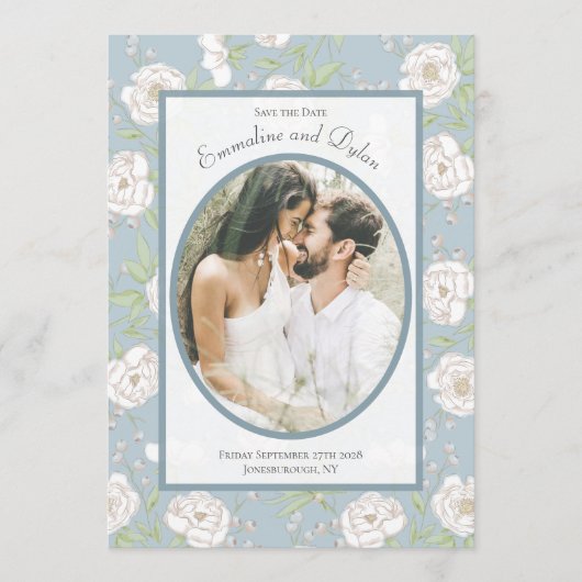 Dusty Blue White Rose Wedding Photo Save the Date Einladung (Vorderseite)