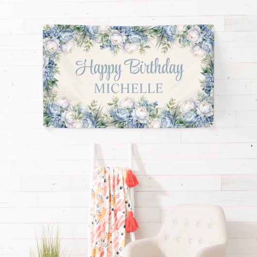 Dusty Blue White Roses Happy Birthday Script Banner (Insitu)