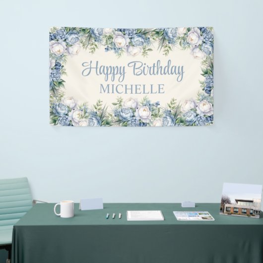 Dusty Blue White Roses Happy Birthday Script Banner (Messeveranstaltung)
