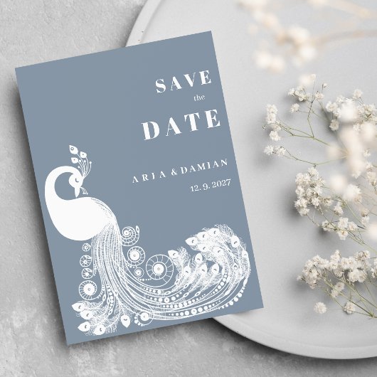 Dusty blue white royal peacock chic Save the Date Einladung