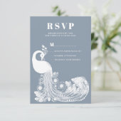 Dusty blue white royal peacock elegant RSVP Einladung (Stehend Vorderseite)
