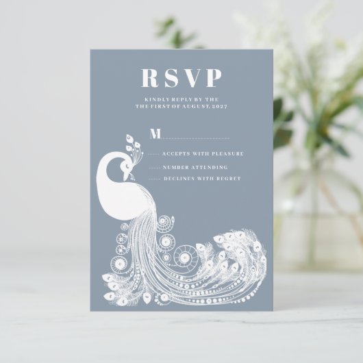 Dusty blue white royal peacock elegant RSVP Einladung (Stehend Vorderseite)