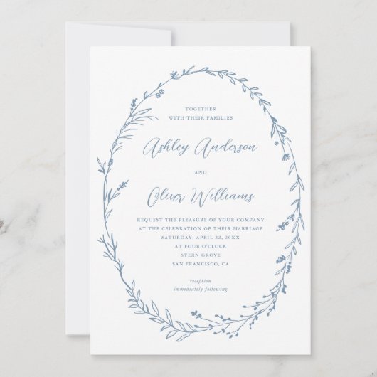 Dusty Blue White Rustic Wildblume Wreath Wedding Einladung (Vorderseite)