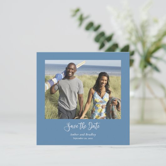 Dusty Blue White Script QR-Code Save the Date Einladung (Stehend Vorderseite)