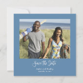 Dusty Blue White Script QR-Code Save the Date Einladung (Vorderseite)