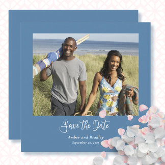 Dusty Blue White Script QR-Code Save the Date Einladung