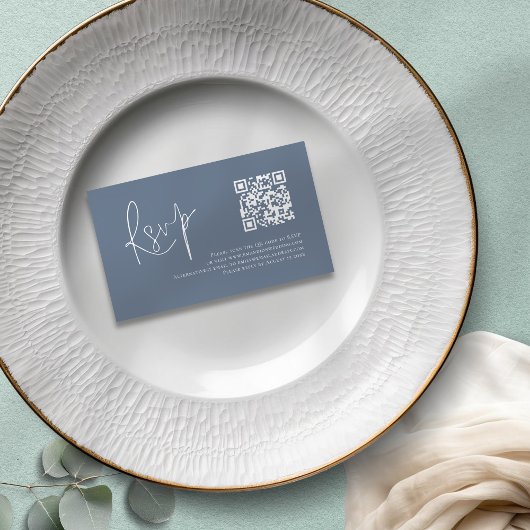 Dusty Blue White Script QR Code Wedding RSVP Begleitkarte