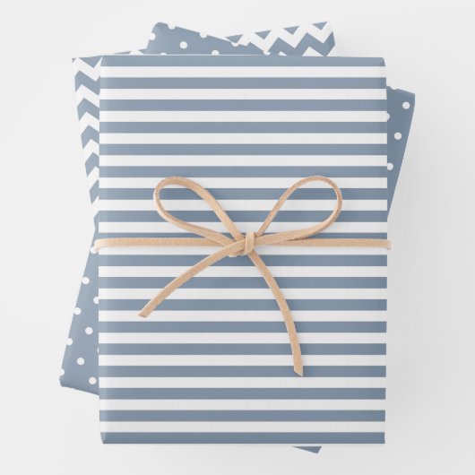 Dusty Blue & White Streifen Polka Dot Zickzack Geschenkpapier Set (Beispiel)