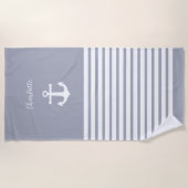 Dusty Blue White Stripes Nautic Personalisiert Strandtuch (Vorderseite)
