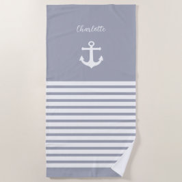 Dusty Blue White Stripes Nautic Personalisiert Strandtuch