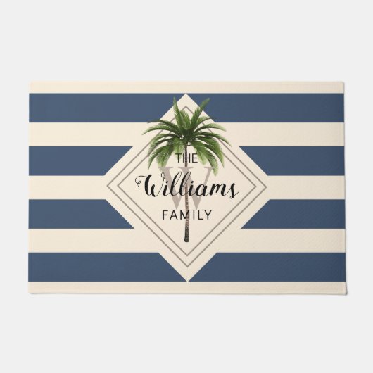 Dusty Blue White Stripes Tropical Beach Monogram Fußmatte (Vorderseite)