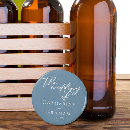 Dusty Blue White Typografy Coastal Wedding Flaschenöffner