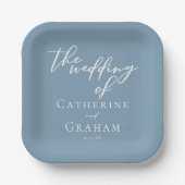 Dusty Blue White Typografy Coastal Wedding Pappteller (Vorderseite)