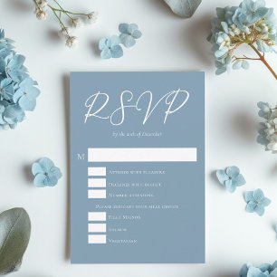 Dusty Blue White Typografy Coastal Wedding RSVP Karte