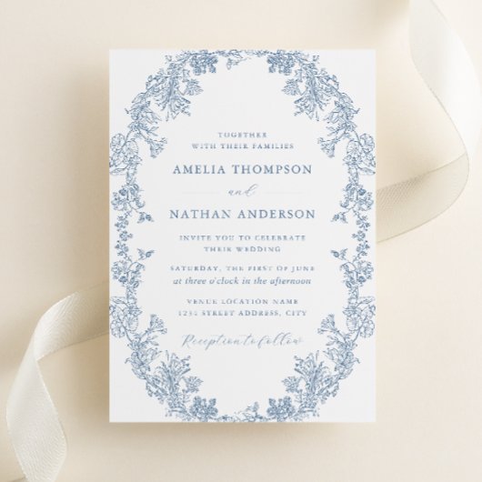 Dusty Blue White Vintag Floral Wedding Einladung
