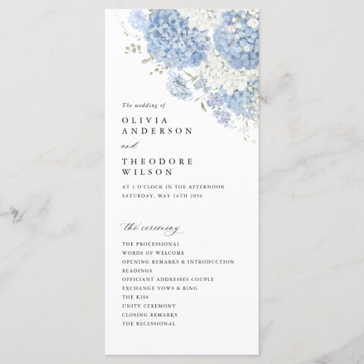 Dusty Blue White Watercolor Wedding Ceremony Programm (Vorderseite)
