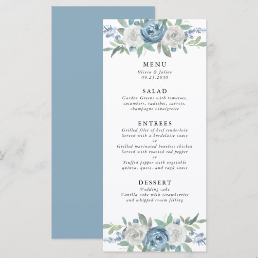 Dusty Blue & White Wedding Menu Menükarte (Vorne/Hinten)