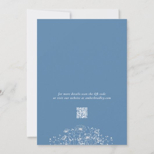 Dusty Blue White Wildblume Foto QR Code Hochzeit Einladung (Rückseite)