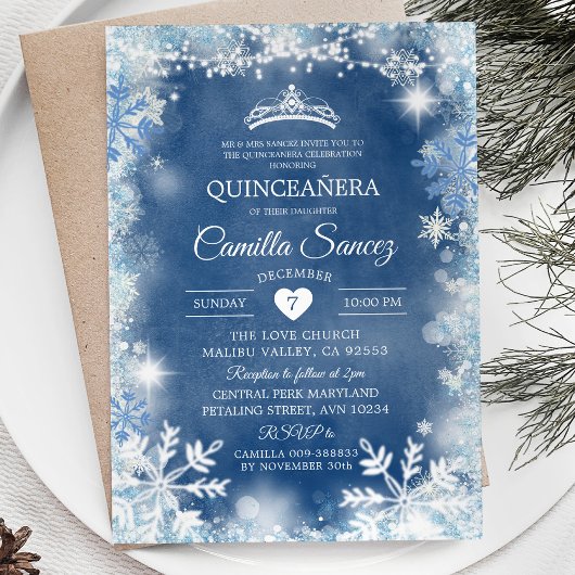 Dusty Blue & White Winter Quinceñera Invite11 Einladung