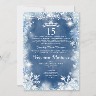 Dusty Blue & White Winter Spanish Girl 15 Años Einladung
