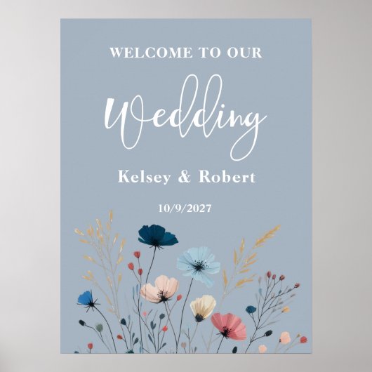 Dusty Blue Wild Floral Welcome Wedding Sign Poster (Vorne)