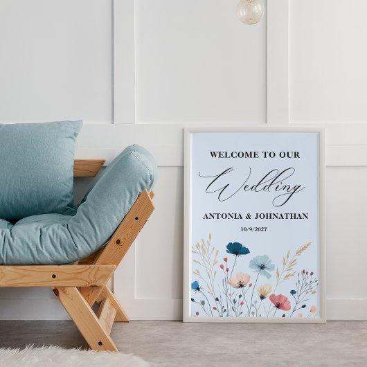 Dusty Blue Wild Floral Welcome Wedding Sign Poster
