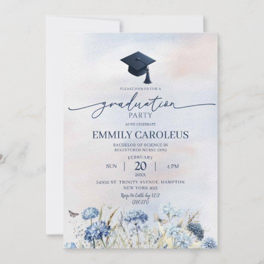 Dusty Blue Wildblume Abschluss mit Foto Einladung (Rückseite)