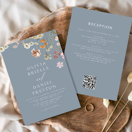 Dusty Blue Wildblume All in One QR Code Wedding Einladung
