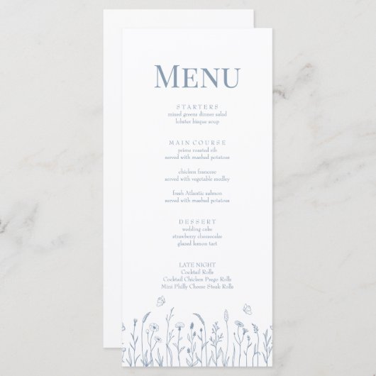 Dusty Blue Wildblume and Butterfets Menu Card Menükarte (Vorne/Hinten)
