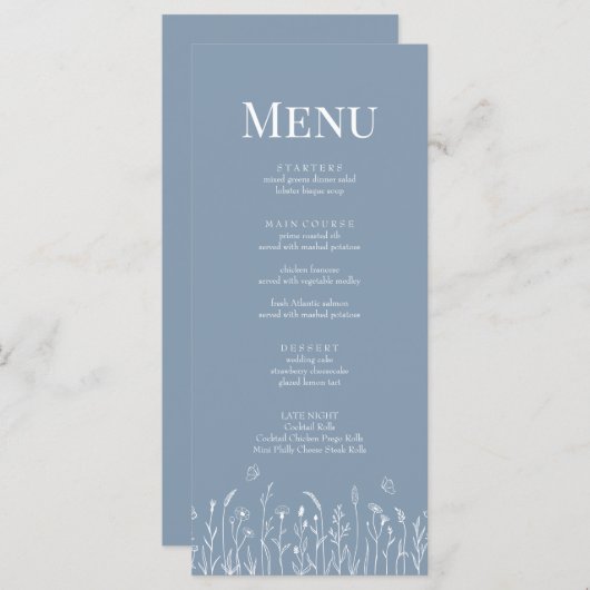 Dusty Blue Wildblume and Butterfets Menu Card Menükarte (Vorne/Hinten)