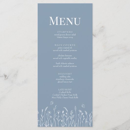 Dusty Blue Wildblume and Butterfets Menu Card Menükarte (Vorderseite)