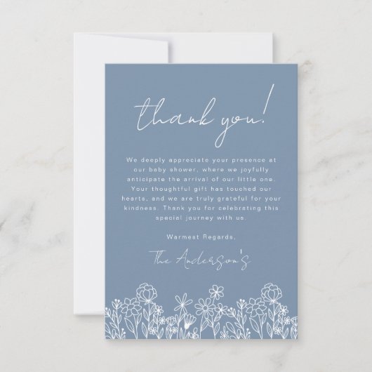 Dusty Blue Wildblume Baby in Bloom Baby Shower Dankeskarte (Vorderseite)